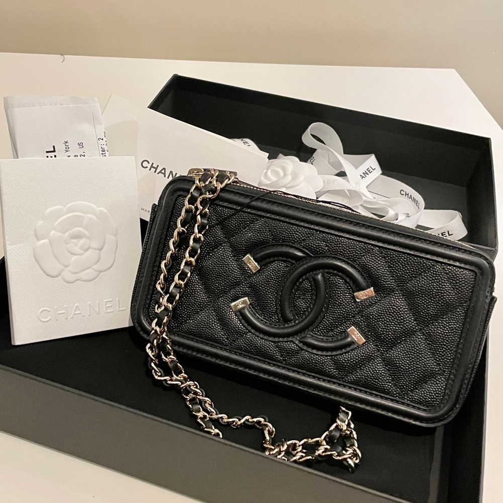 Chanel Filgree Clutch Wallet With Chain Black 20B
